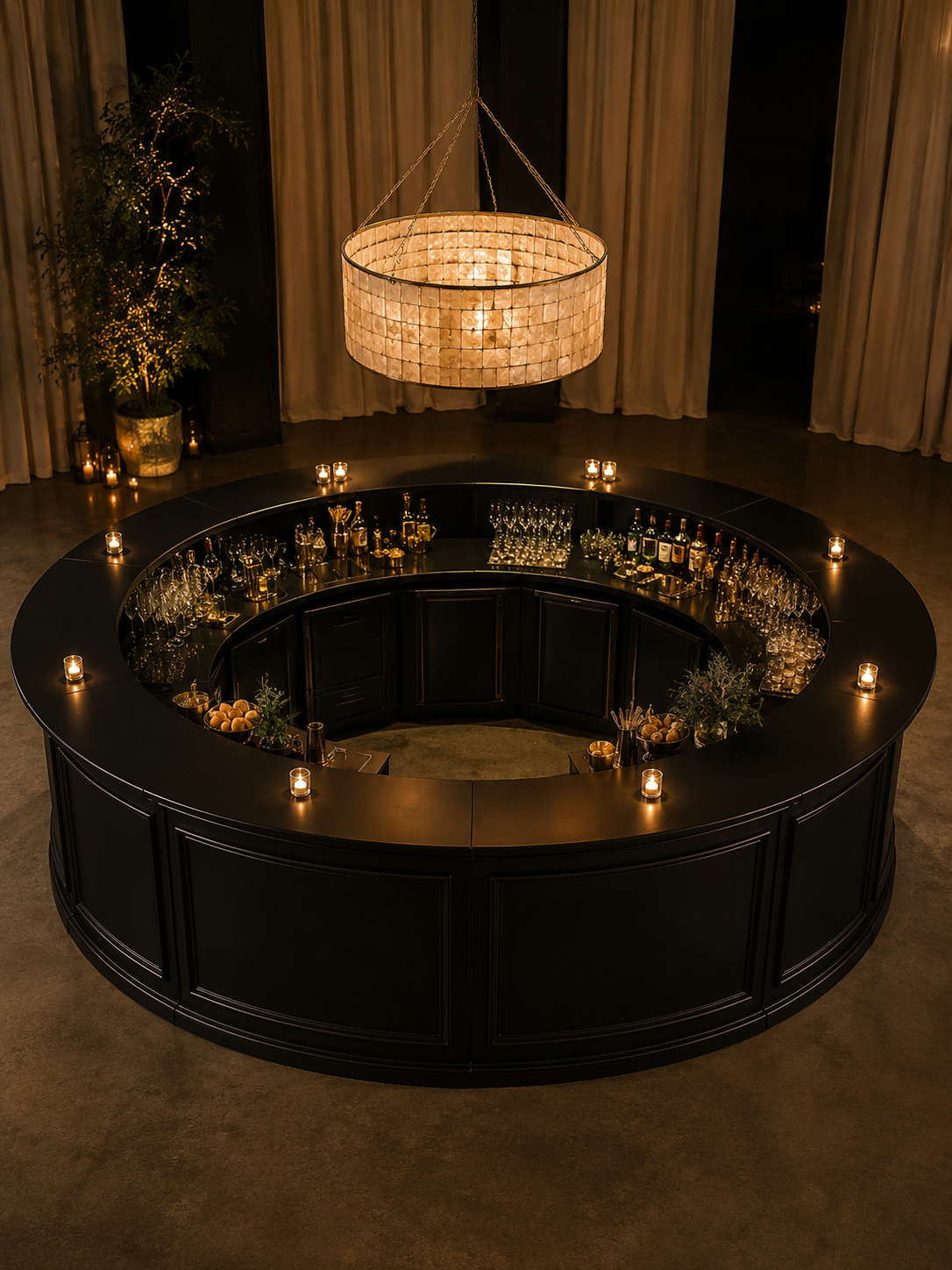Curved 60-inch bar panels configured as full 16-foot diameter circular bar with candlelight