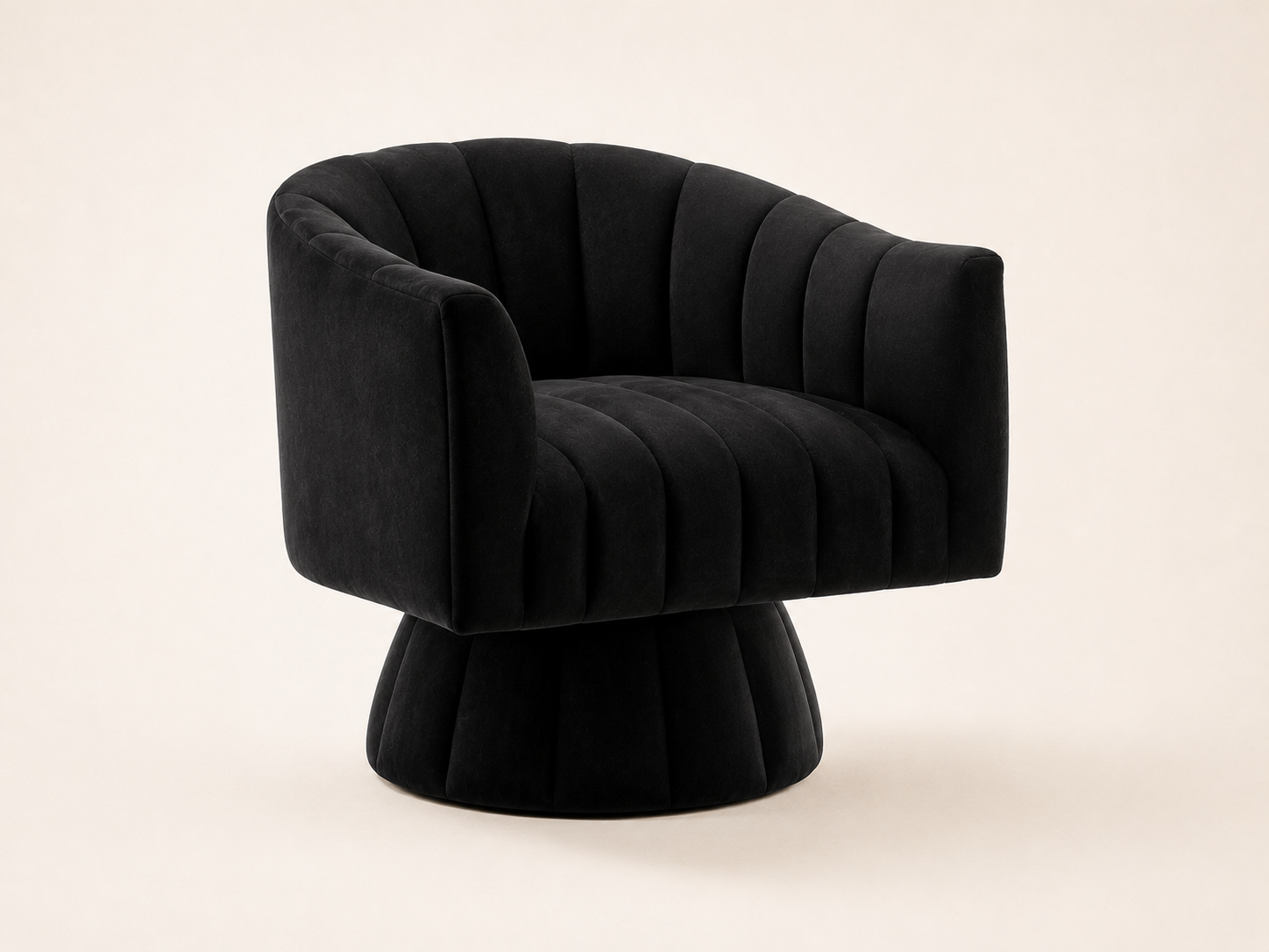 Curved channel-back accent armchair in deep black velvet with sculpted base