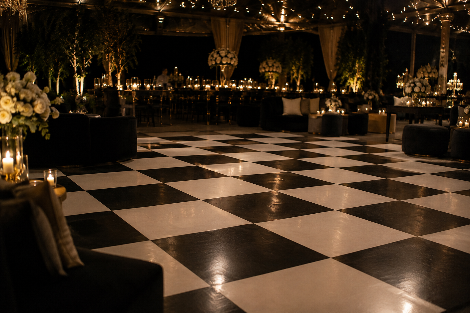 Black and white checkerboard dance floor in luxury candlelit event setting