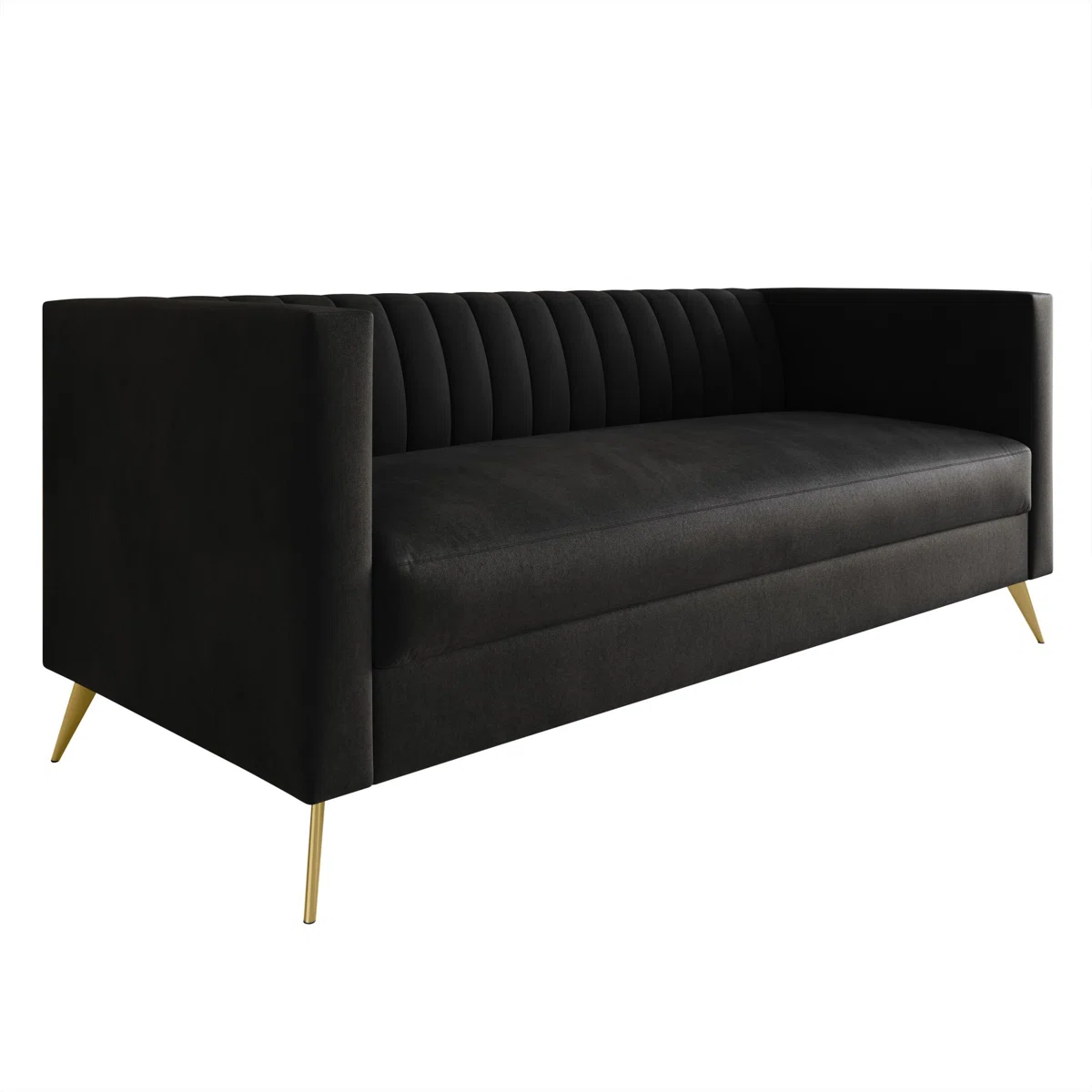 Velvet Square Arm Sofa in deep neutral with clean architectural lines and solid base