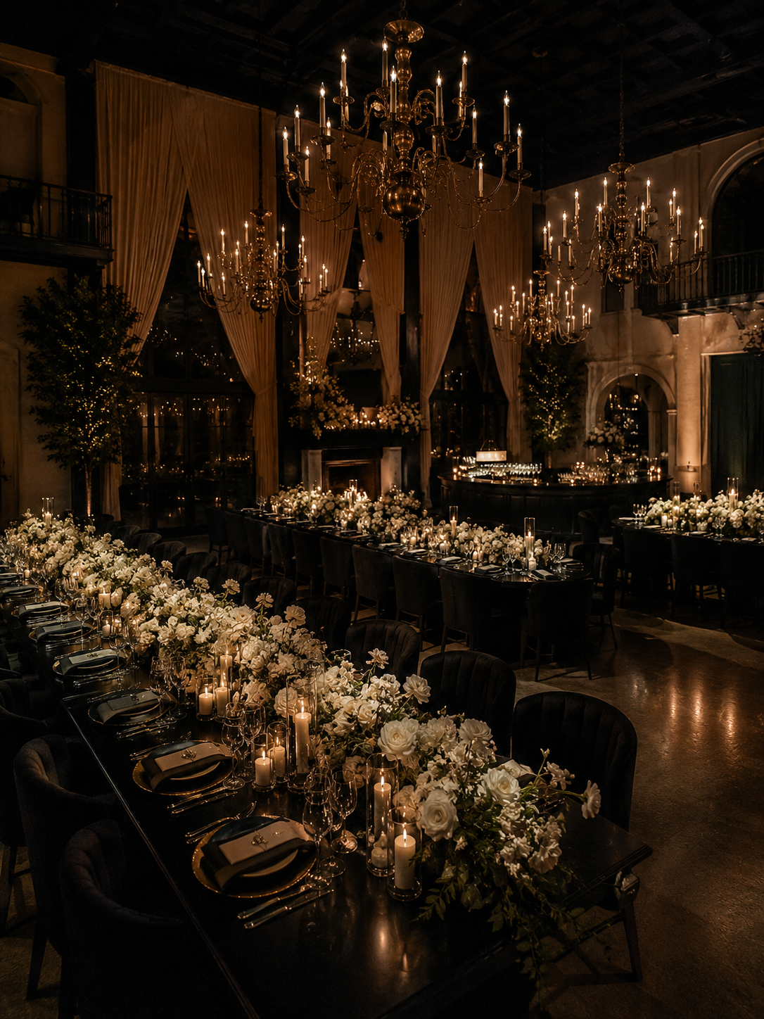 Estate wedding reception with candlelit table settings and black velvet dining chairs