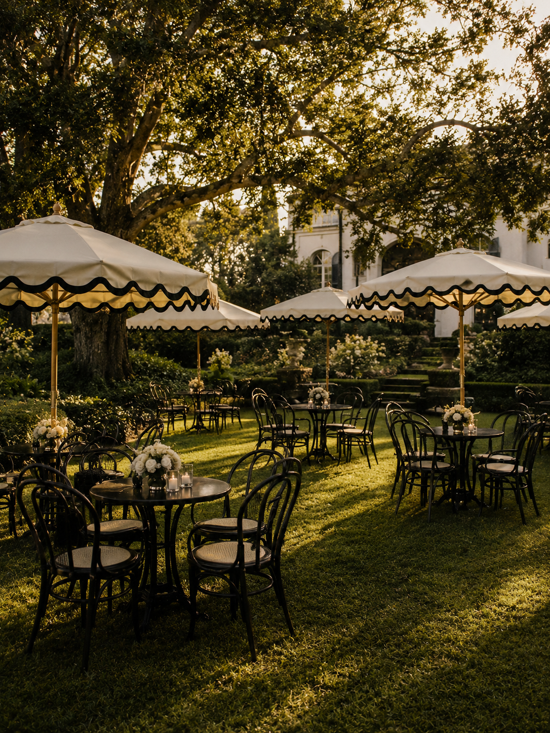 Outdoor garden cocktail event with ivory scalloped umbrellas and black bentwood chairs on estate lawn