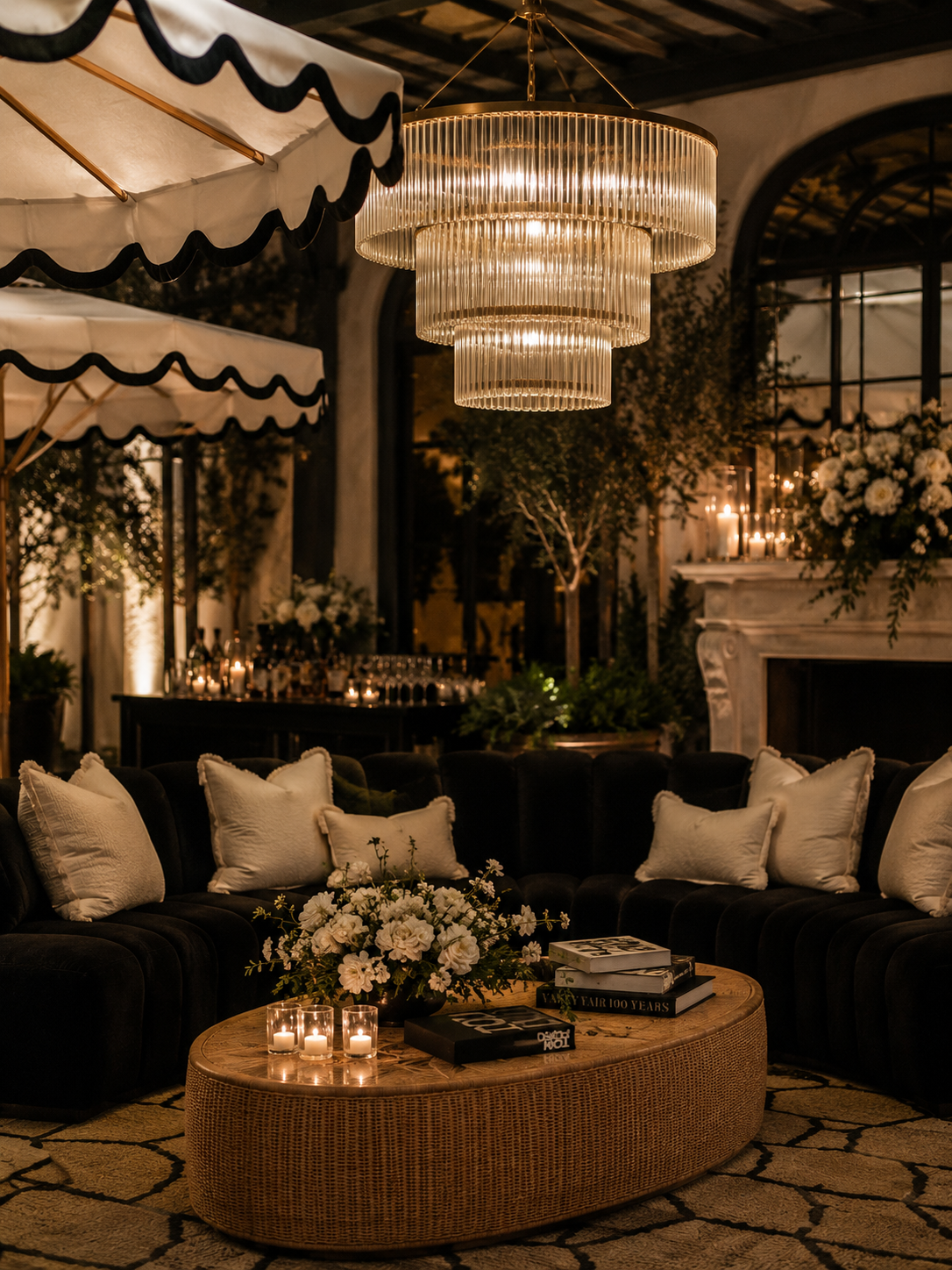 Luxury lounge with black velvet sofas, rattan coffee table and scalloped umbrellas overhead