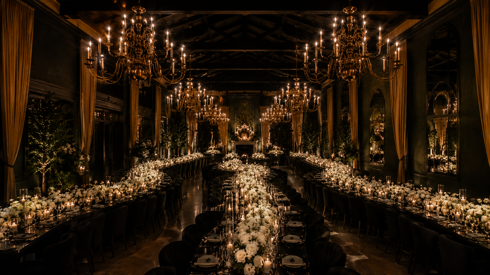 Grand candlelit reception hall with multiple Westerly chandeliers overhead and long black dining tables