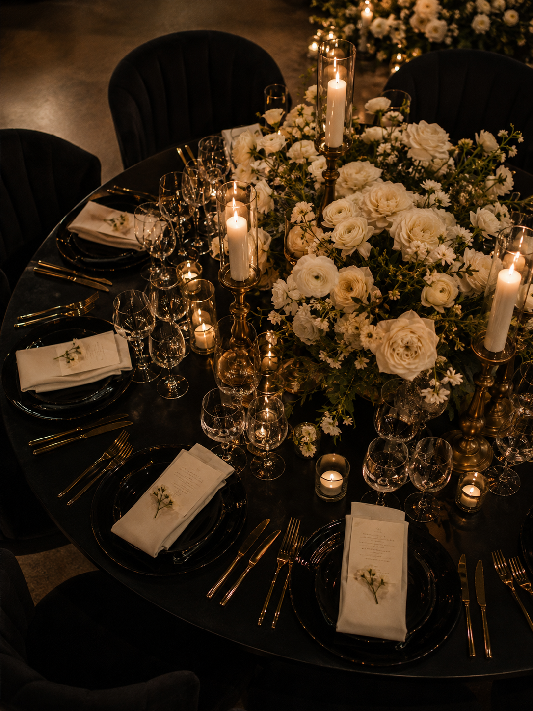 Elevated wedding tablescape on black round dining table with white florals and candlesticks